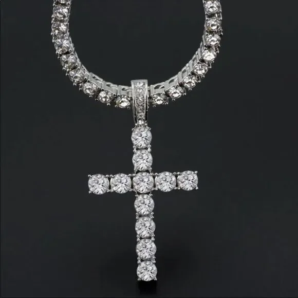 Cross Pendant Necklace with 4mm Tennis Chain Iced  Necklace Jewelry Silver chain - Picture 2 of 8